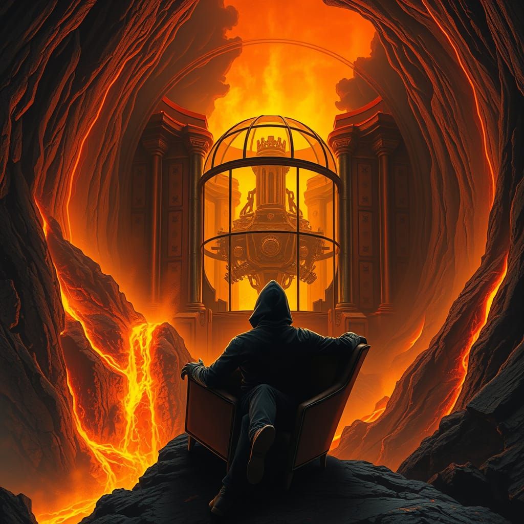 Volcanic Fortress Lair with Supervillain in Sci-Fi Concept A...