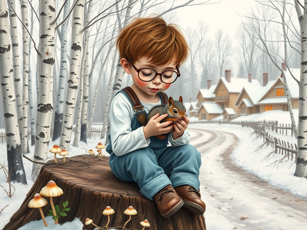 Boy Cradles Squirrel in Winter Forest Scene