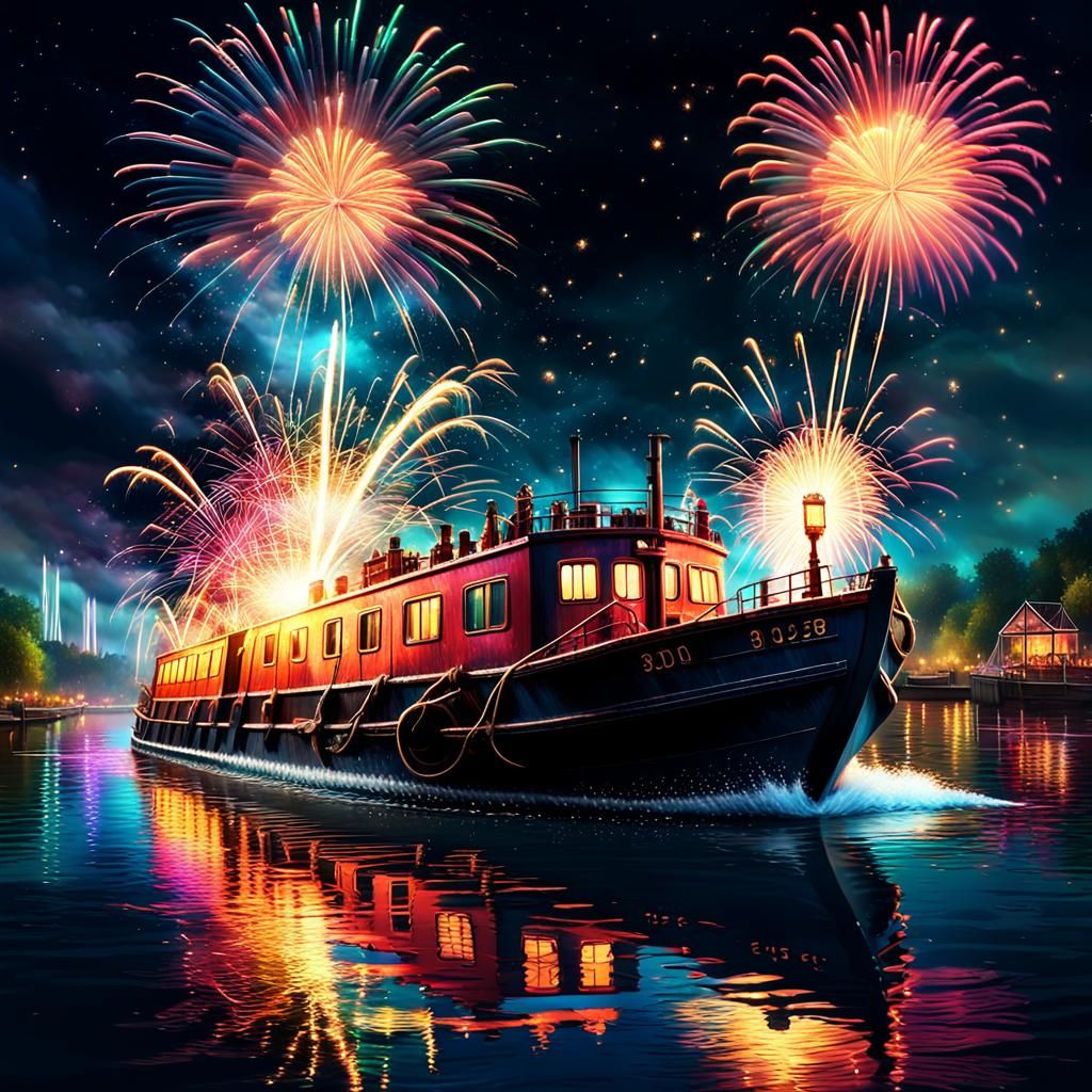 Fireworks Display Over River: Cinematic Digital Art