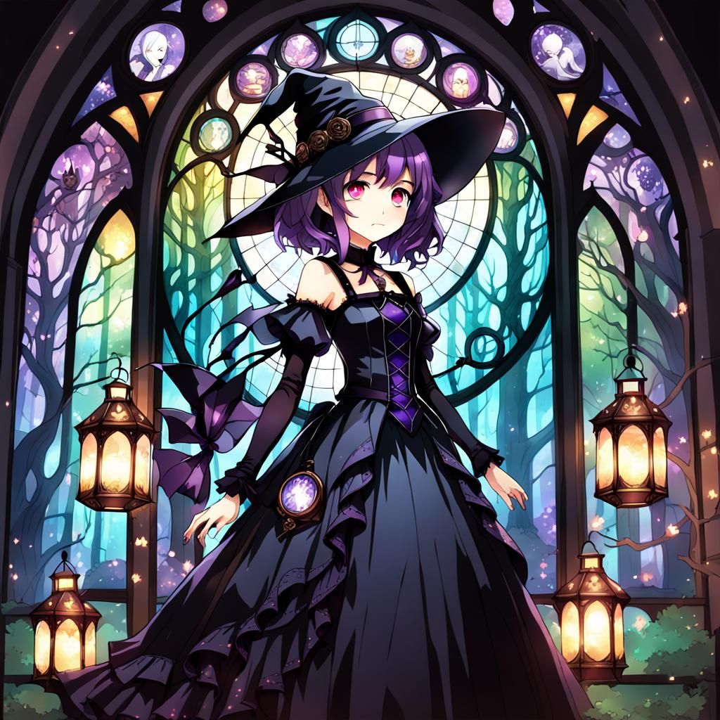 Gothic Anime Witch in Mystical Forest Window