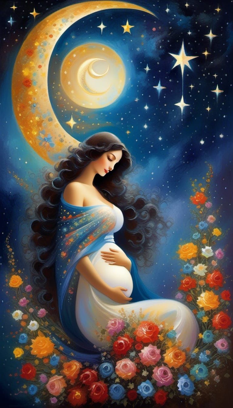 Surreal Pregnant Woman with Starry Sky, Bioluminescent Bouqu...