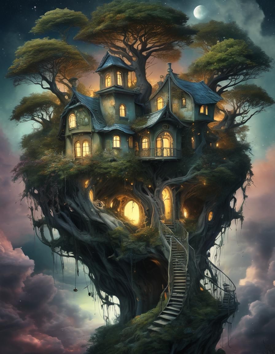 Heavenly Villa Sunset: Whimsical Digital Watercolor