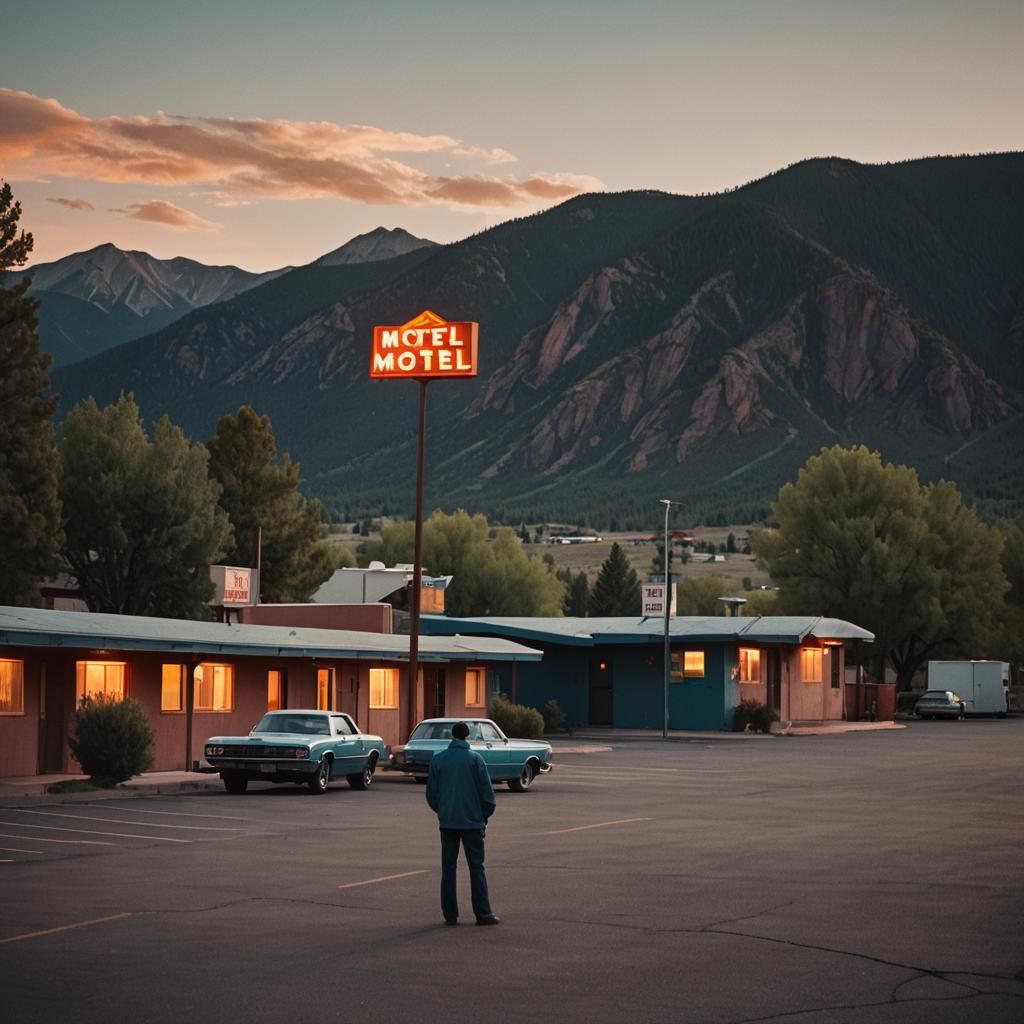Rustic Colorado Motel at Dusk: Cinematic Film Still