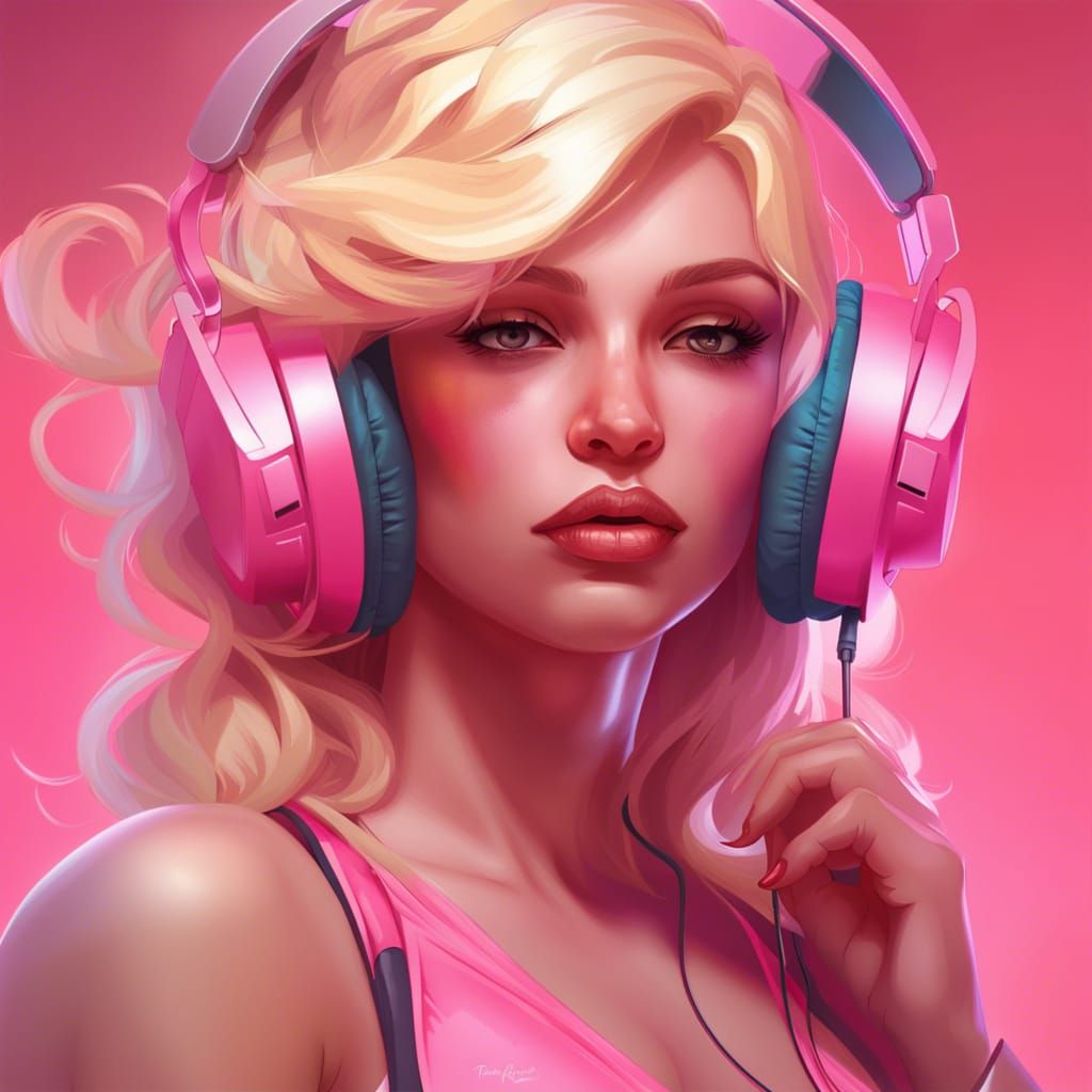 Blonde Girl Portrait with Pink Bikini, Digital Art