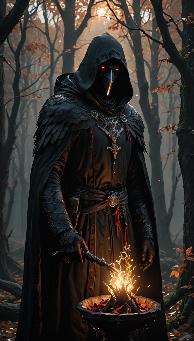 Crow Wizard with Red Eyes in Dark Fantasy