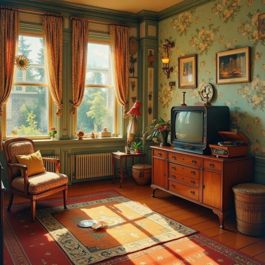 Retro 1970s Living Room with Vintage TV and Record Player