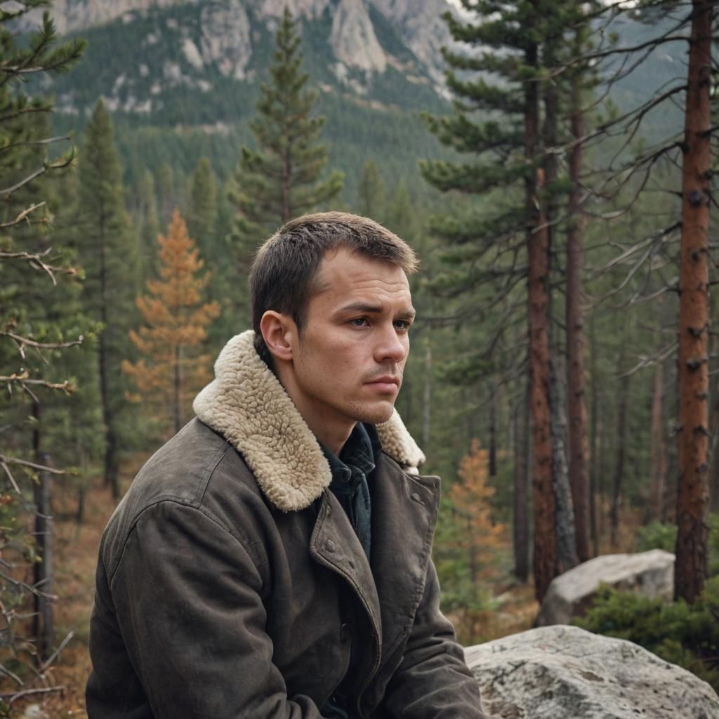 Contemplative Boy in Mountain Landscape, Ansel Adams Style