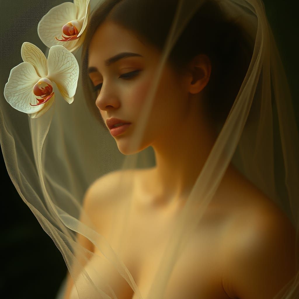 Ethereal Woman Portrait with Orchids in Artistic Style