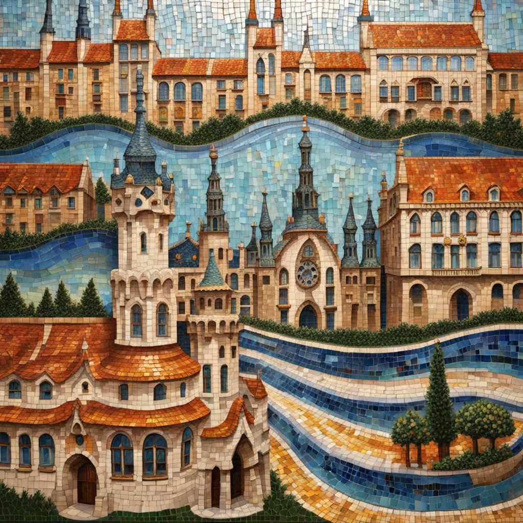 Gaudí-Inspired Mosaic of Old European Town
