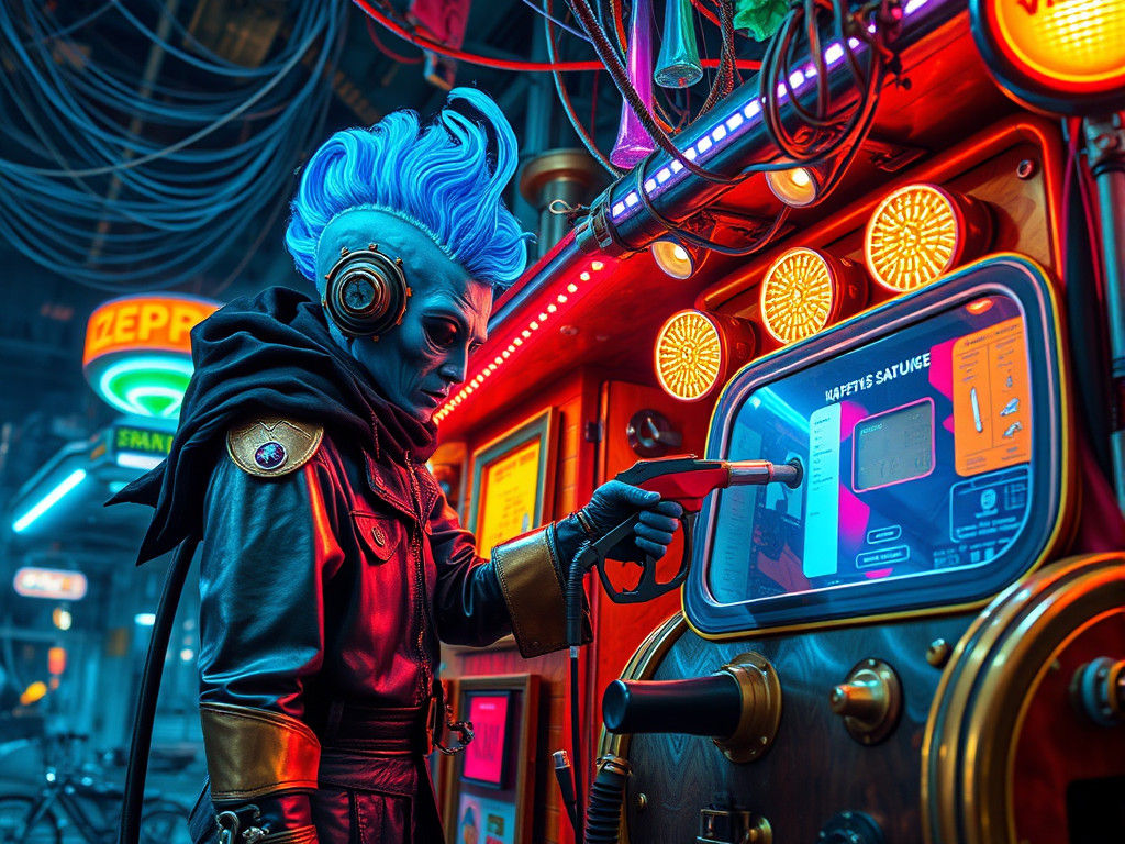 Alien Pirate Fuels Galleon in Cyberpunk Gas Station