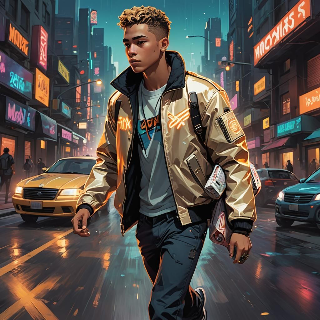 Young Man Runs from Space Battle in Sci-Fi Concept Art