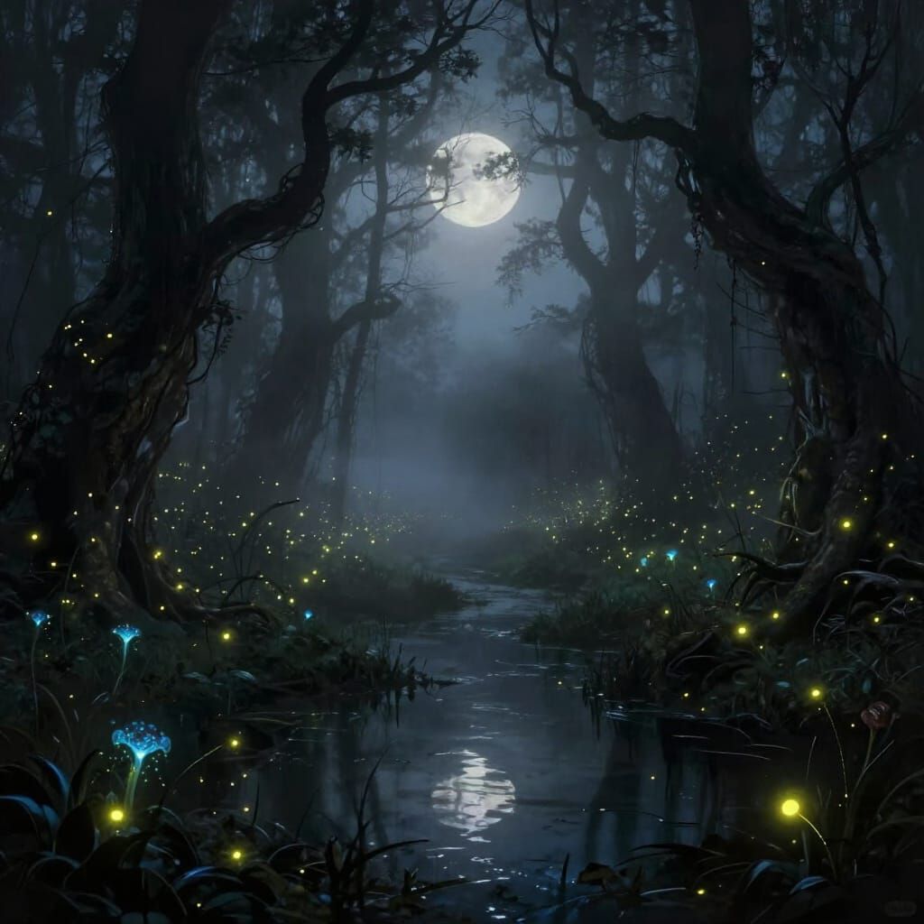 Enchanted Swamp at Midnight with Ethereal Mist