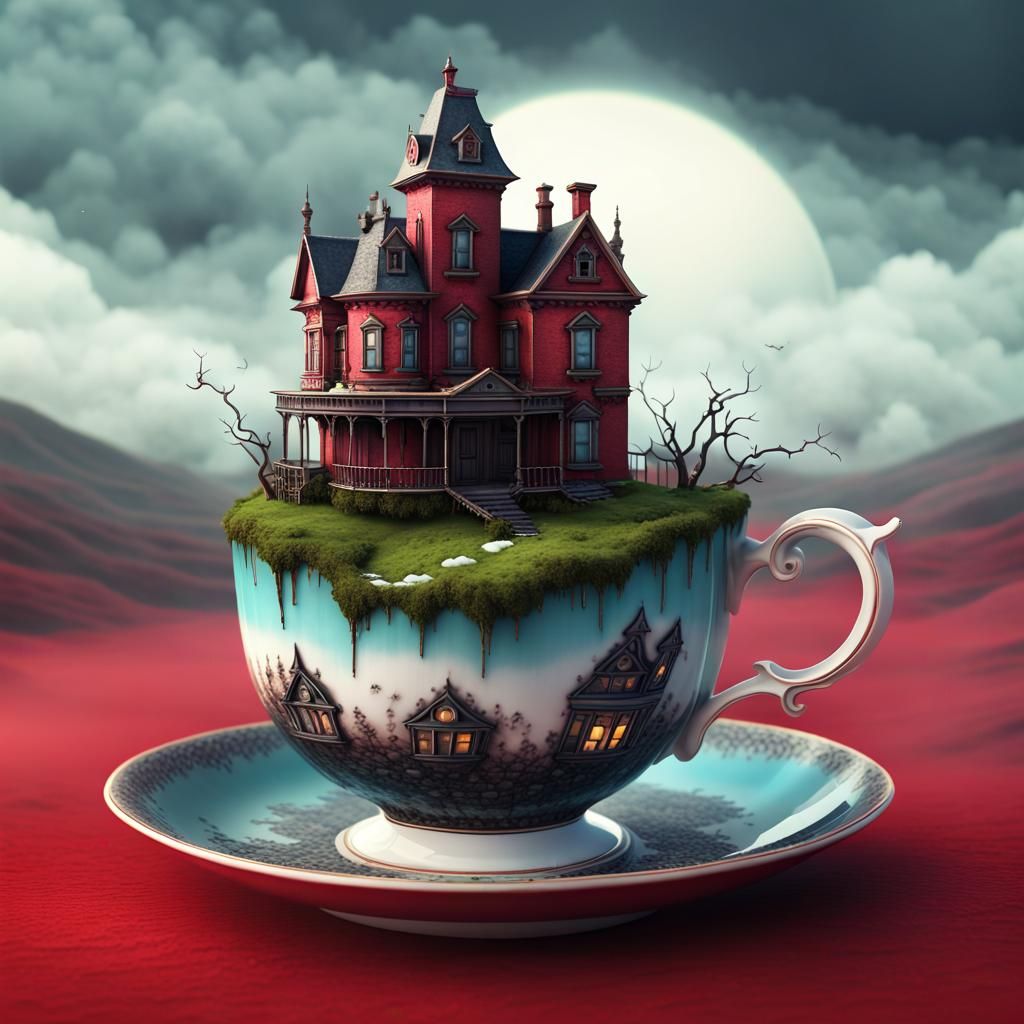 Gothic Horror Teacup with Victorian House, 3D Render