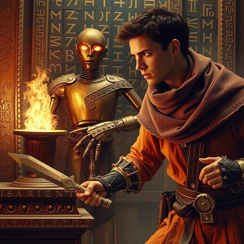 Thief-Detective Battles Automaton in Torchlit Bronze Chamber