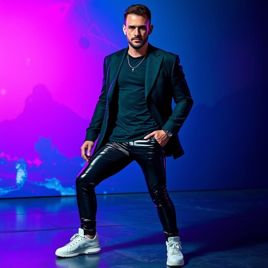 Futuristic Man in Black Suit and Leggings