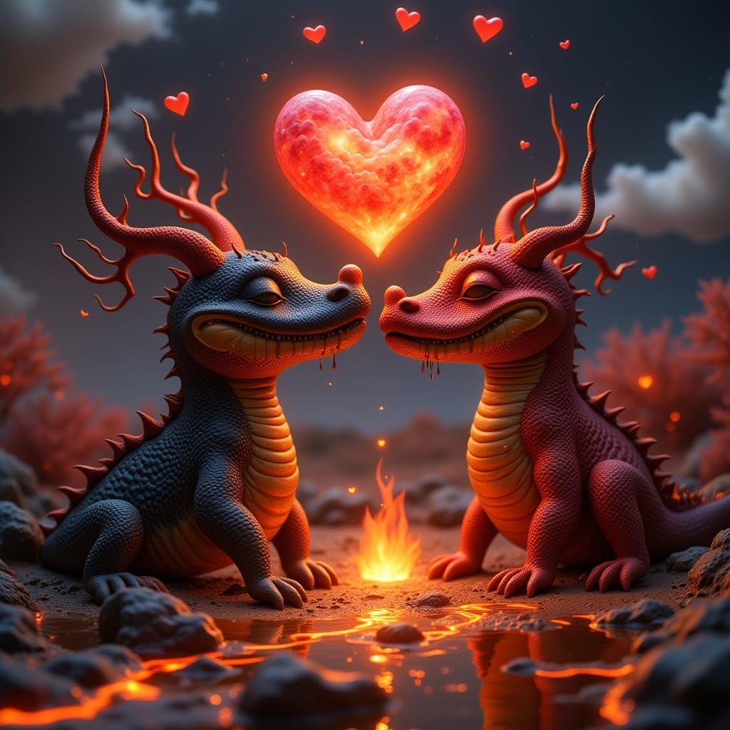 Romantic Lava Creatures in Volcanic Landscape