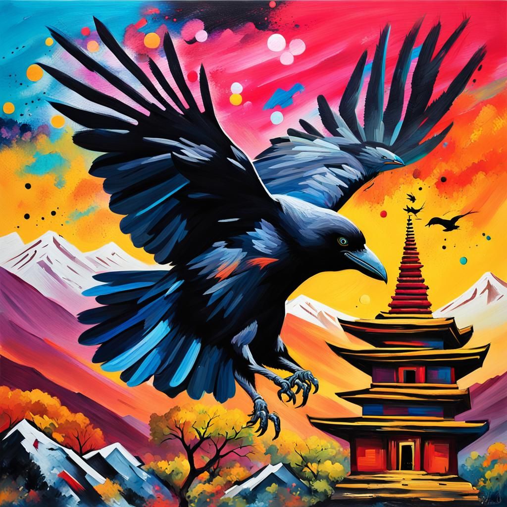 Crow Soaring Over Himalayas: Street Art Graffiti