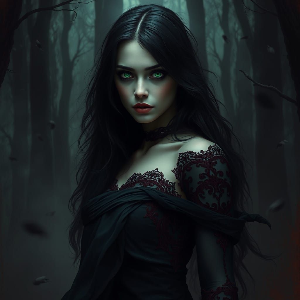 Ethereal Vampire Goddess in Dark, Misty Forest