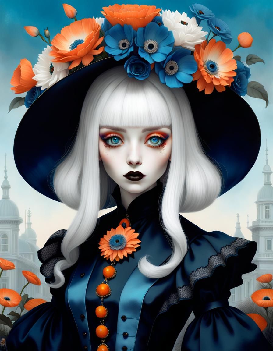 Surrealist Victorian Girl with Flowers in Rich Colors