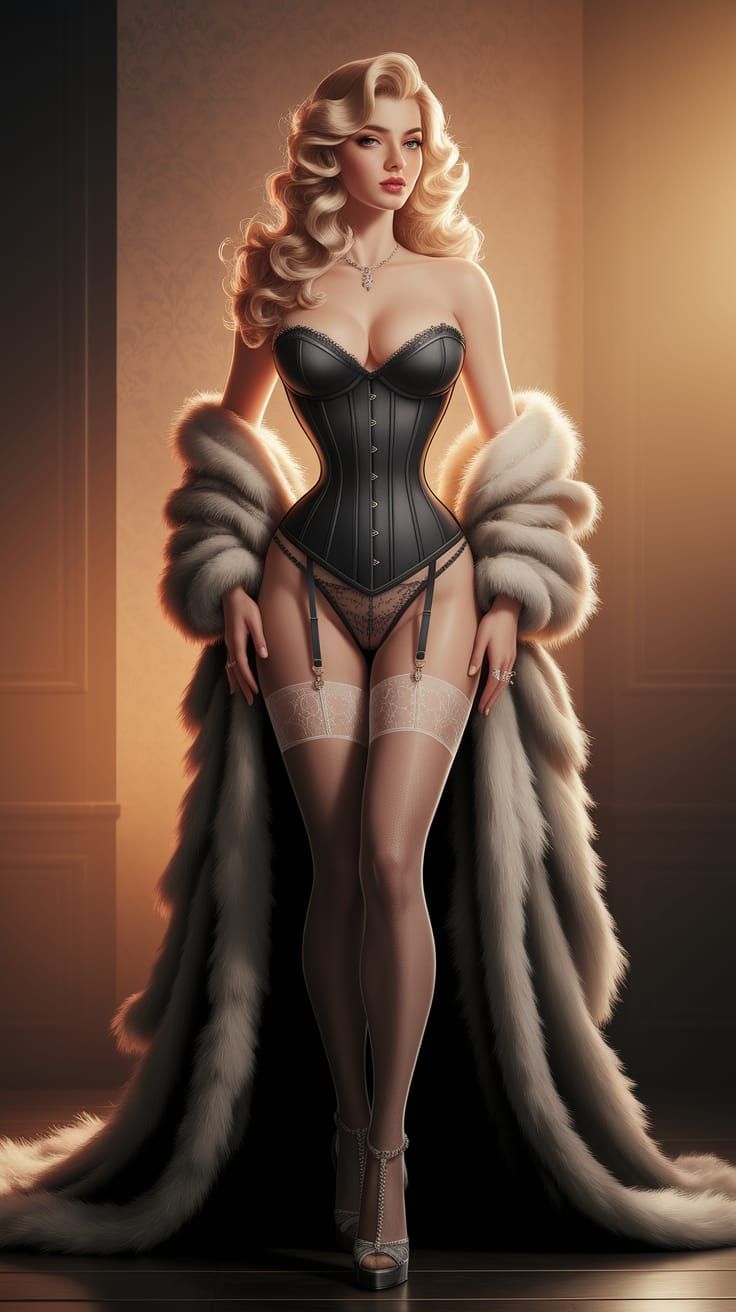 Elegant Blonde Woman in Corset, Nylons, and Heels