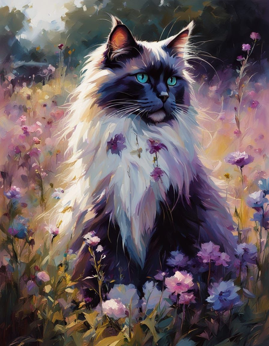 Ragdoll Cat in Floral Field: Oil Painting