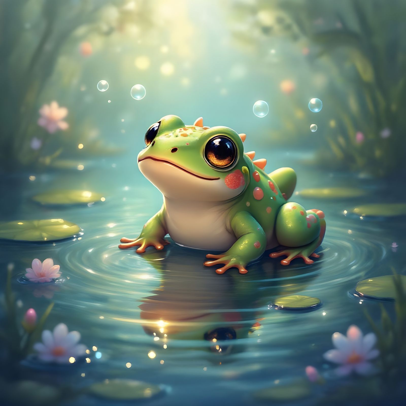 Bubble Dragon-Frog in Peaceful Pond Painting
