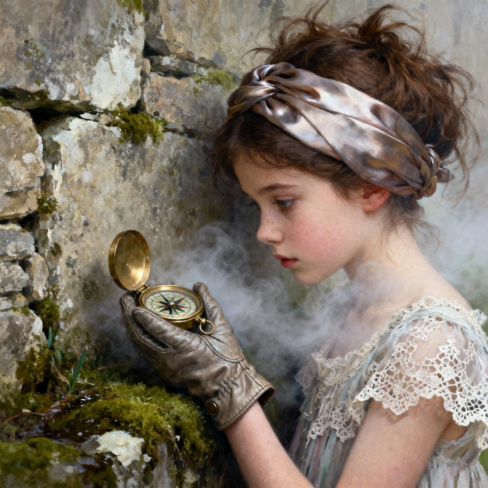 Acrylic painting of a girl who is leaning against a moss-cov...