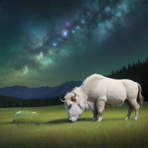 White Buffalo Grazing Under a Starry Sky
