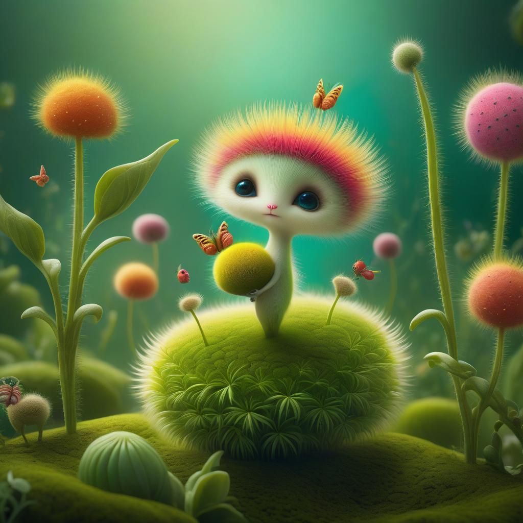 Whimsical Surreal Plant with Furry Creatures