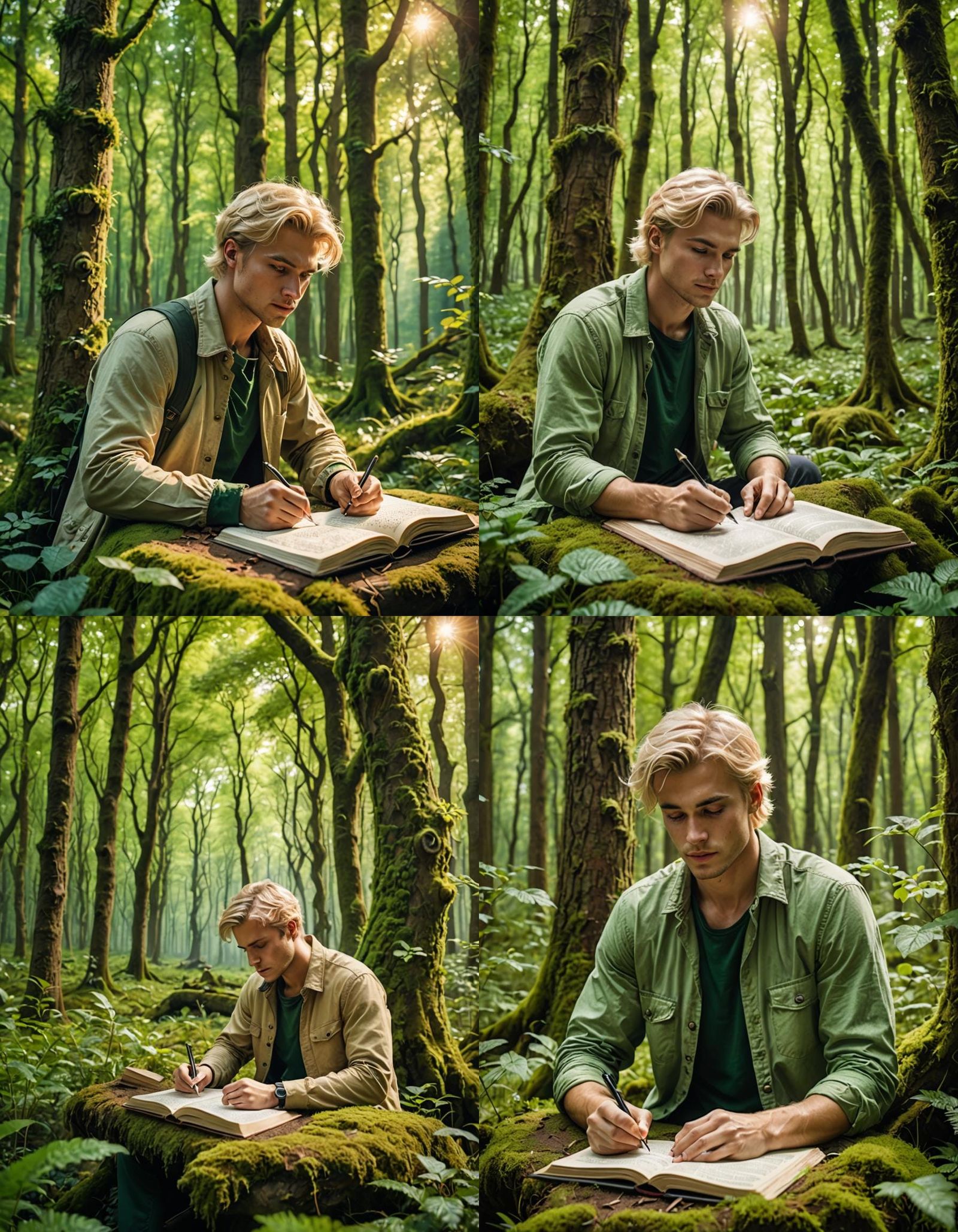 Young Man Writing Fantasy Book in Magical Forest