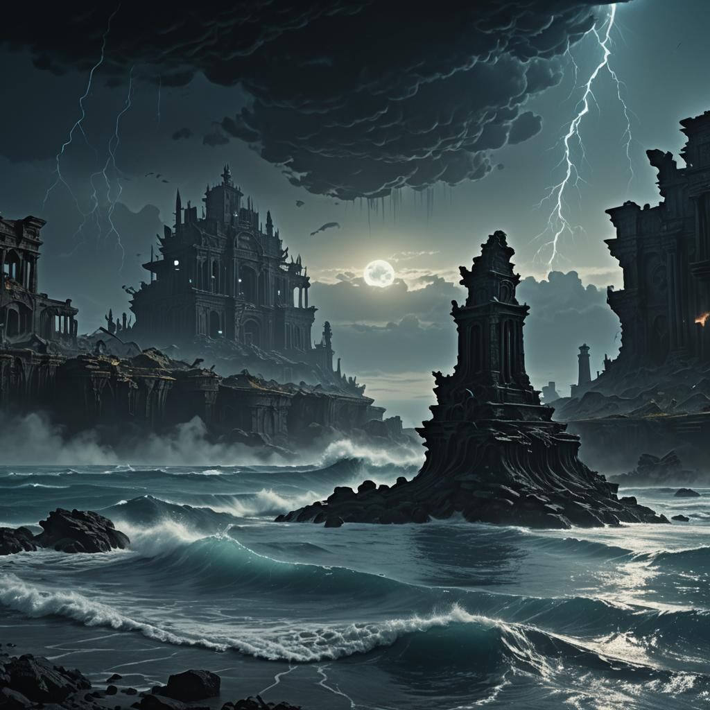 Dark Fantasy Black Ocean Landscape in Cyberpunk Style