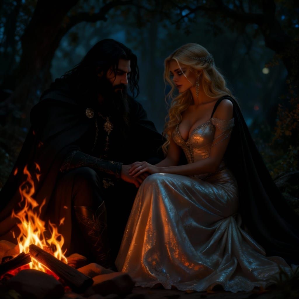 Dark Sorcerer and Blonde Woman by Fire in Forest