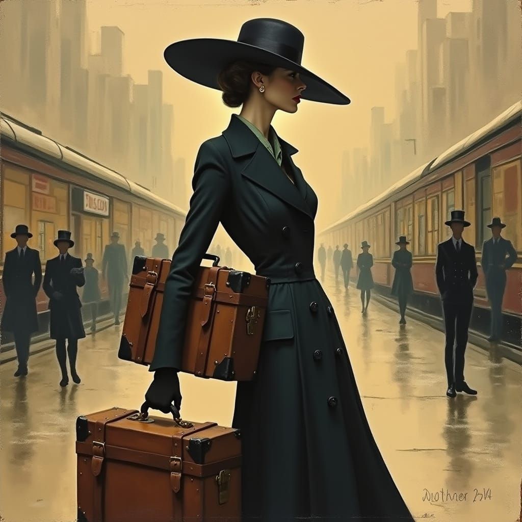 Stylish Lady in 1940s Attire Holds Vintage Suitcases