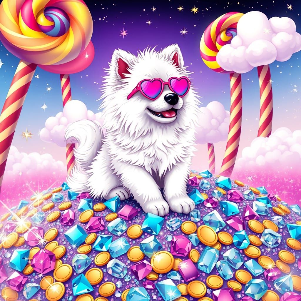 Whimsical Puppy in a Treasure Trove of Rainbow Jewels