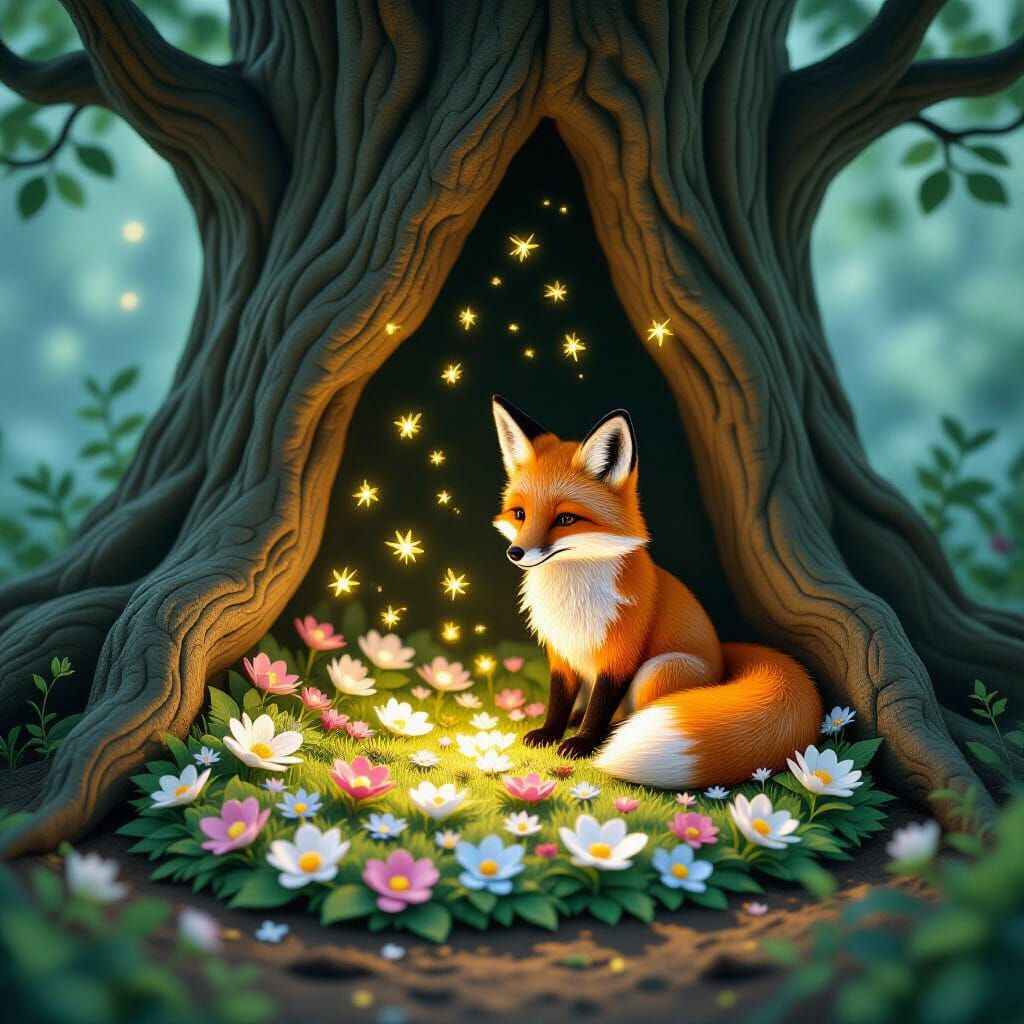 Shy Fox Tends Paper Flower Garden with Fireflies