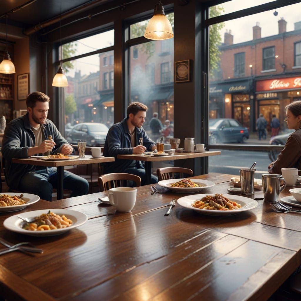 Miniature People Dining in a Realistic City Restaurant