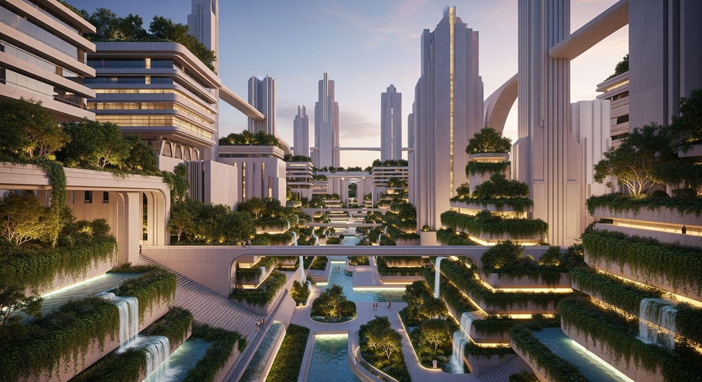 Utopian Cityscape with Art Deco and Lush Greenery