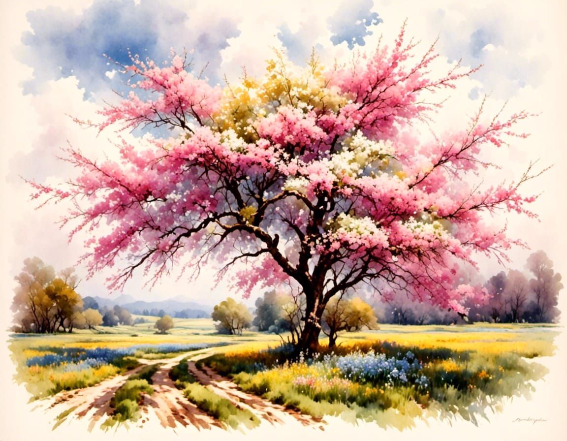 Vintage Spring Blossoms Landscape in Gouache Style