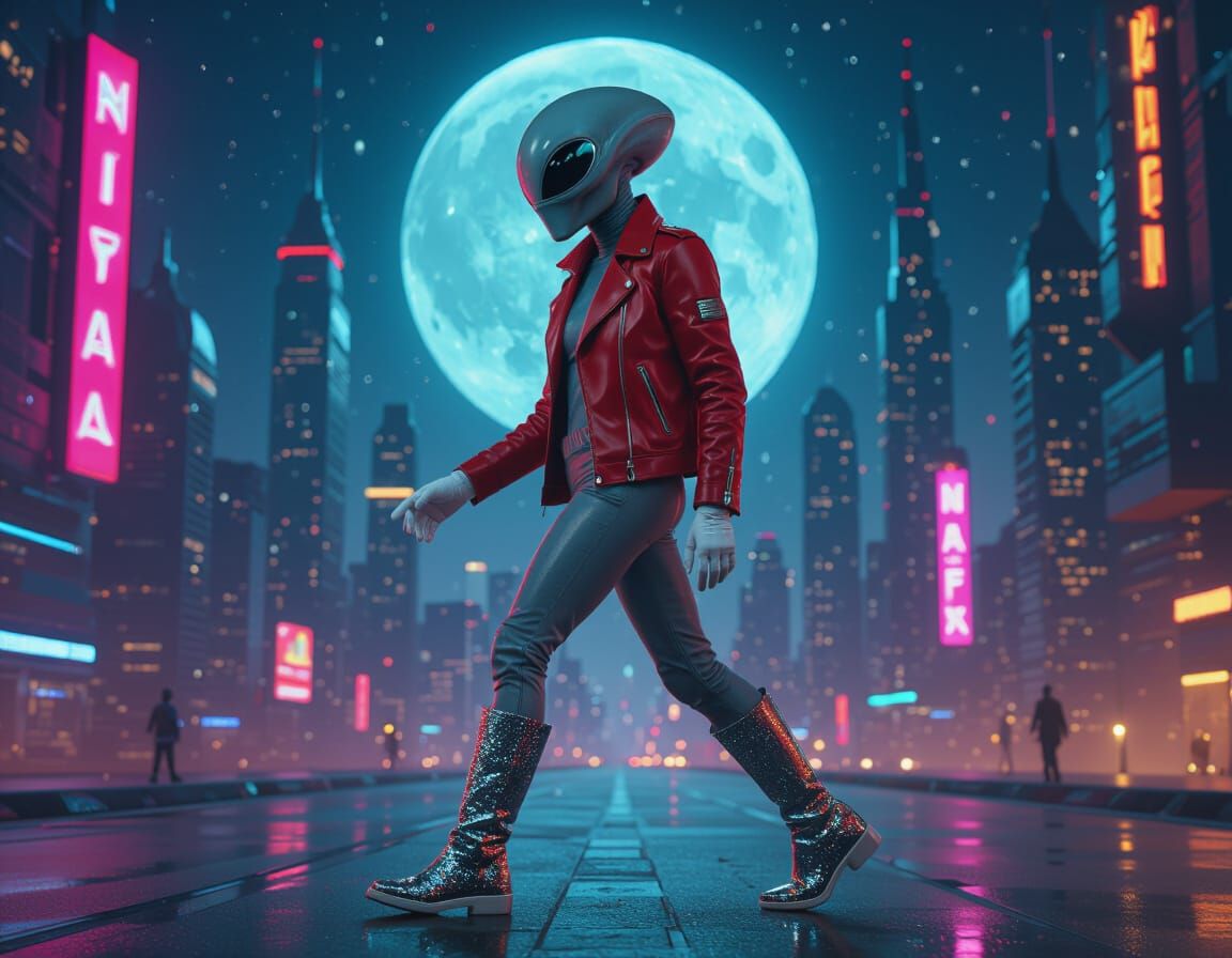 Alien Moonwalks in Futuristic Cityscape: Cyberpunk Style