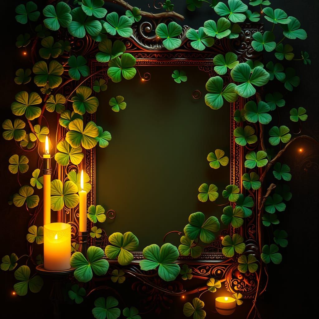 Lush Vines of Four-Leaf Clovers in Golden Light, Art Nouveau...