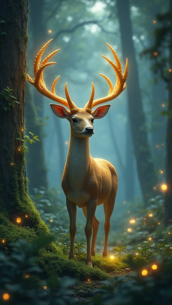 Enchanted Deer in Firefly Forest: Anime Illustration
