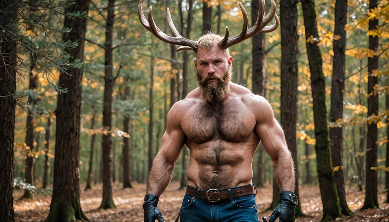 Hairy Man with Antler Head in Background