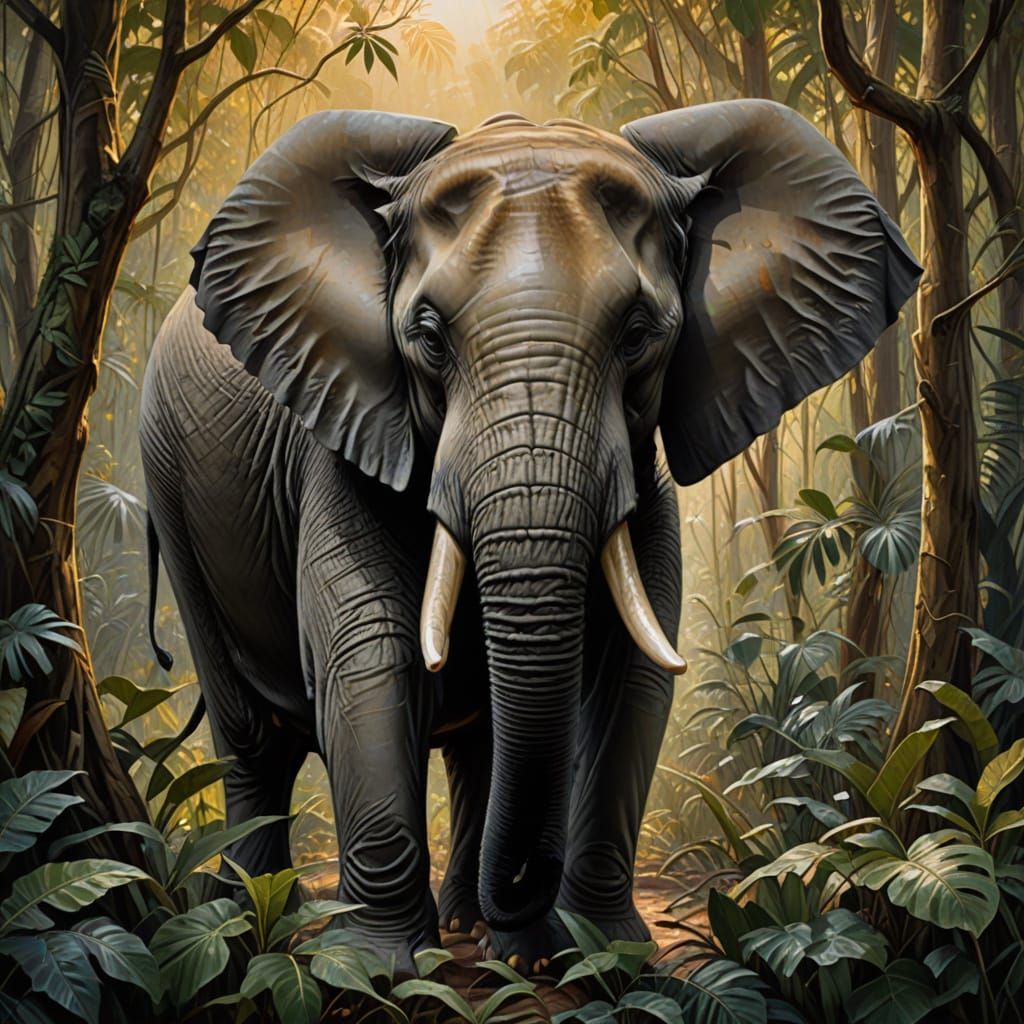 Elegant Oil Painting of a Majestic Elephant in a Lush Jungle