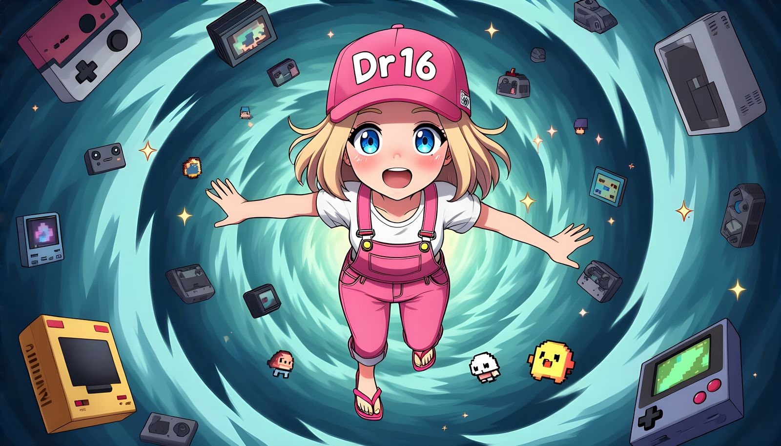 Anime Girl Falling Through Retro Game Vortex