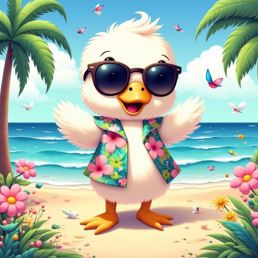 <lora:Ultra Cute Flux:1.0> A cute chibi  dancing duckling dancing at the beach, one foot in the air