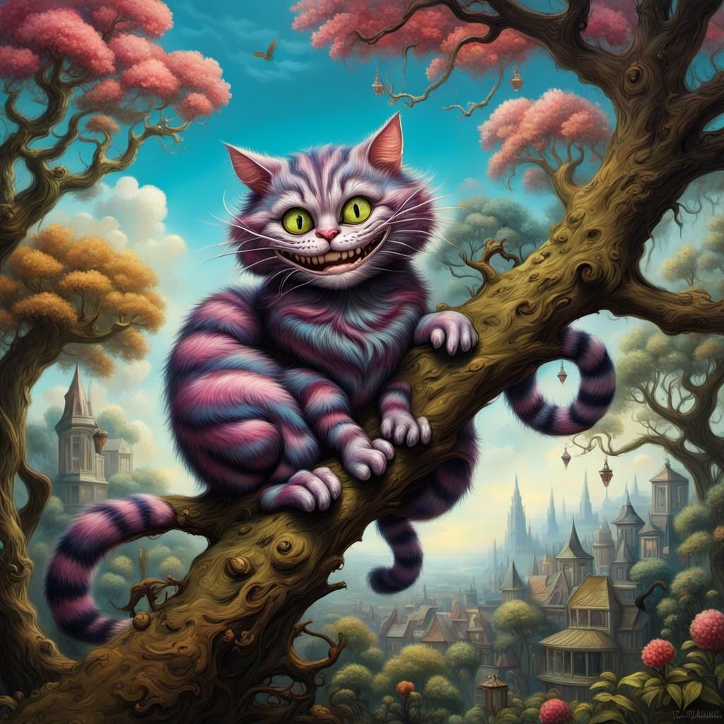 Surreal Cheshire Cat on Branch in Watercolor Style