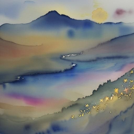 Hazel Nightscape with Golden Clouds in Watercolour Style