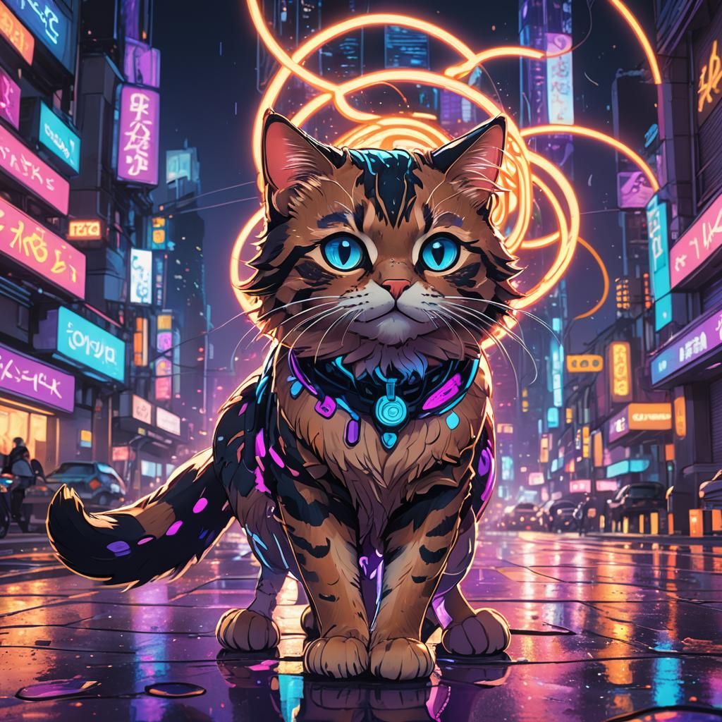 Pancake Memeow in a Futuristic Auroracore Cityscape