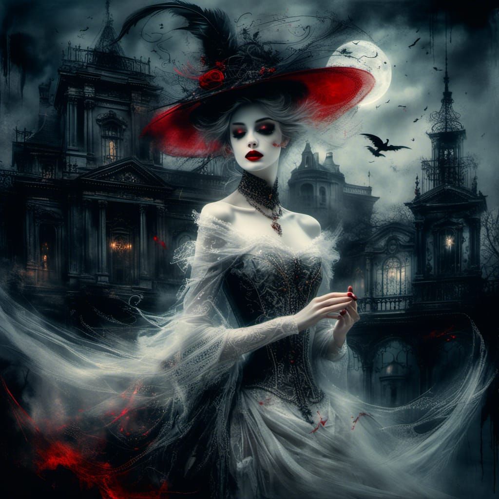 Vampire Woman in front of Haunted Mansion