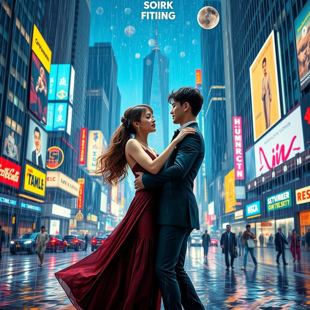 Elegant Couple Dances in the Cosmic Rain of a Bustling Metro...